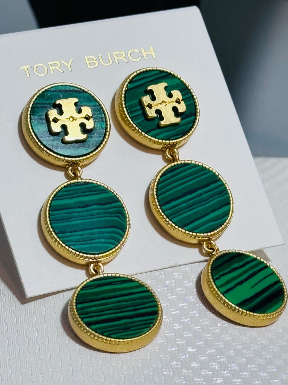 NWT Tory Burch Gold & Green Malachite Style Triple Disc Drop Earrings